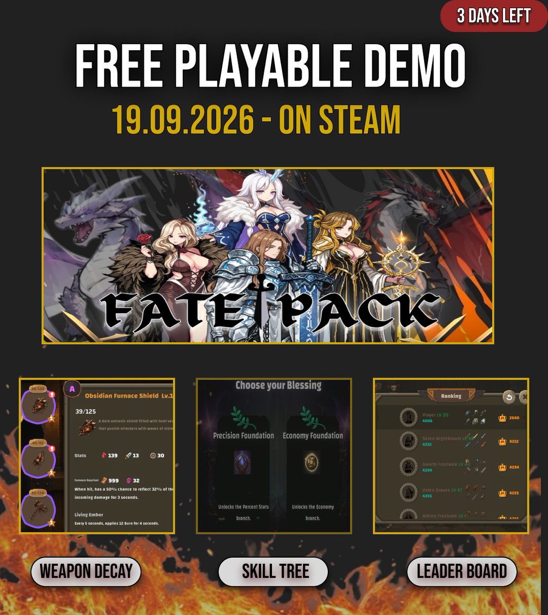 RiseMinnow's tweet photo. FATE PACK Demo drops in 3 DAYS!  Here is why we stand out:
- Weapons break: Gear isn't permanent. Upgrade, restore, or merge them to survive.
- Permanent choices: No undo button. Think carefully before you build. 
 - PvP Leaderboard: Prove your ultimate strategy to the world.
#indiedev #indiegame #WishListWednesday