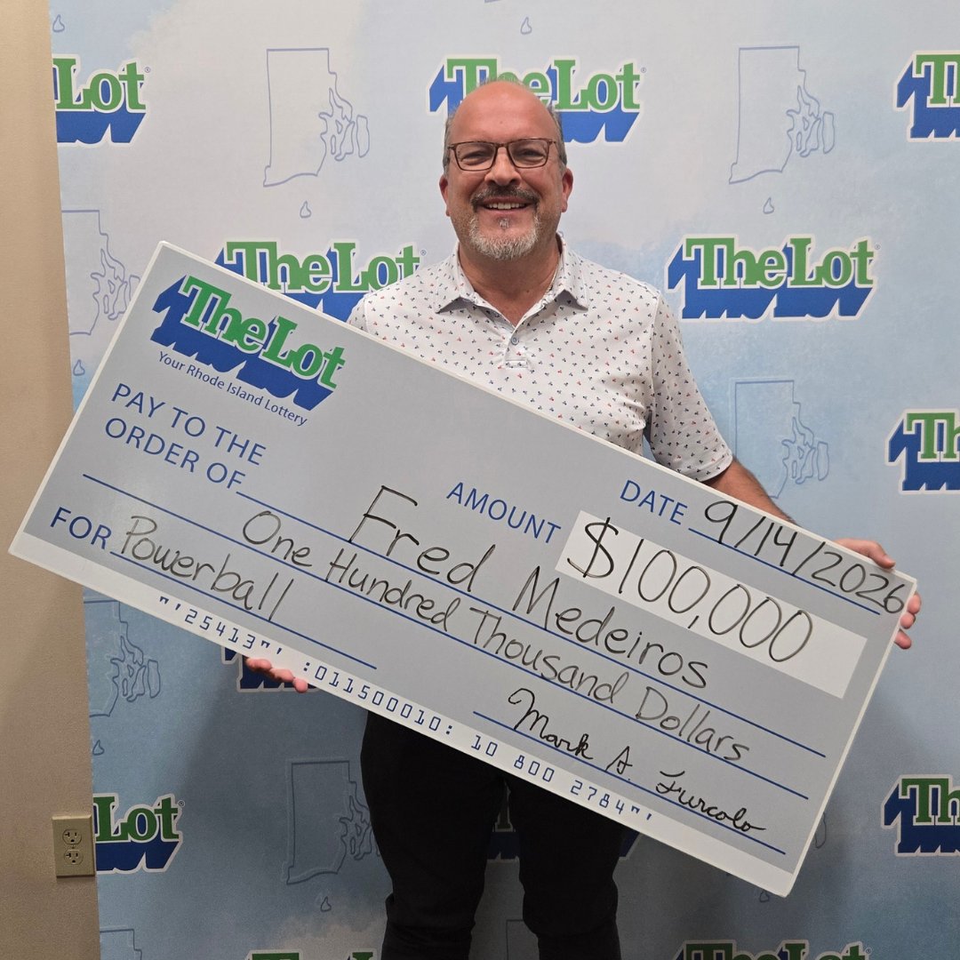 RILottery's tweet photo. Fred Medeiros of West Greenwich, aka "Network Fred," claimed a $100,000 Powerball Power Play ticket. His quick pick matched four numbers plus the Powerball number for $50,000, then Power Play doubled it. Ticket sold at Speedway, 1820 Boston Neck Rd., North Kingstown. https://t.co/w7yXh4ohCZ