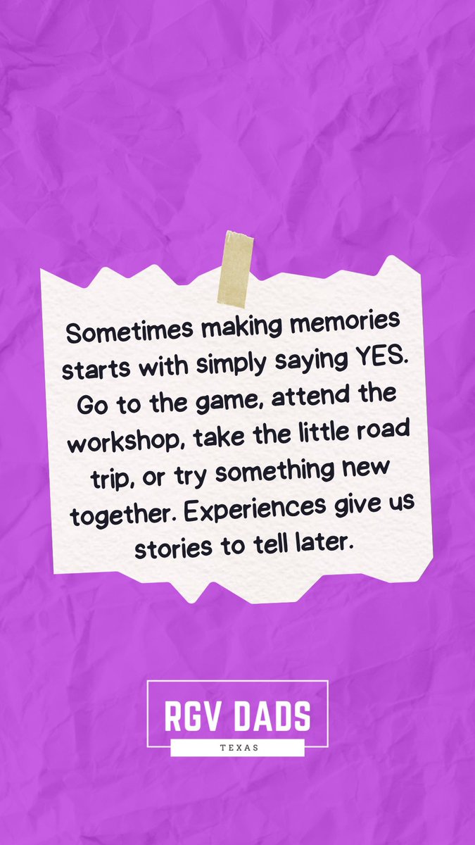 rgvdads's tweet photo. Wednesday – Say Yes to the Experience 🎟️

Sometimes making memories starts with simply saying YES. Go to the game, attend the workshop, take the little road trip, or try something new together. Experiences give us stories to tell later.

#experience #roadtrip #fatherhood #rgvdads https://t.co/1evavs5Bdv