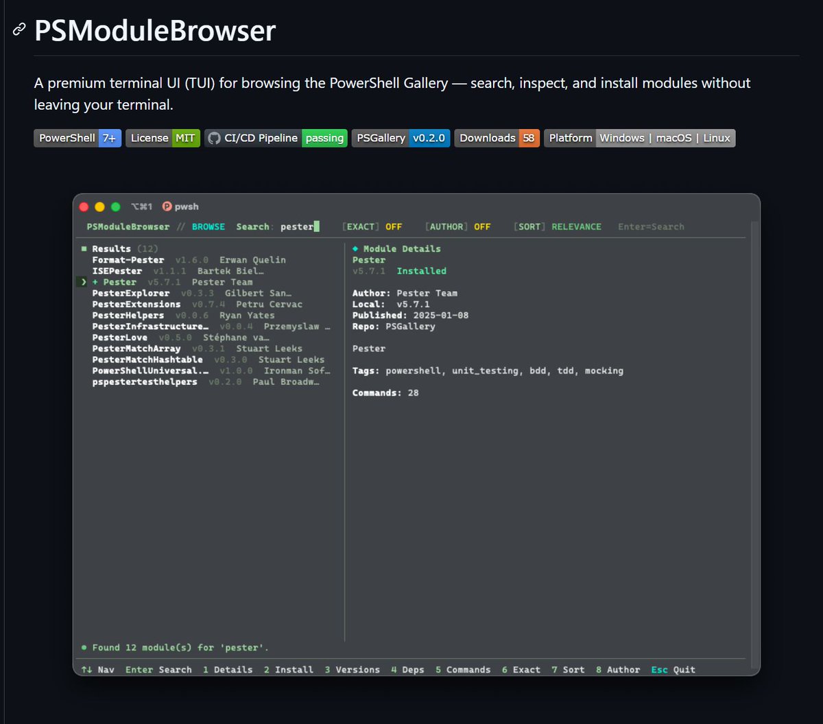 AndySvints's tweet photo. Weekly PowerShell Module Spotlight #37: PSModuleBrowser 

• Search thousands of modules
• Preview commands before installing
• Install modules without leaving your terminal

Sometimes the best UI is still the terminal. 

https://t.co/eI5HHET9ML 

Maintained by Jorge Suarez  (https://t.co/7iXfsph4y2 )