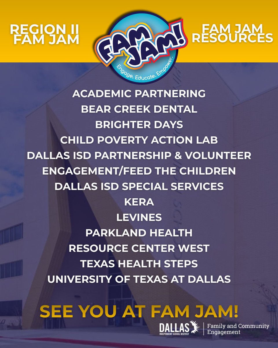dallasisdparent's tweet photo. 🚨FAM JAM ALERT!🚨

Here’s a sneak peek at just a few of the 60+ exhibitors you’ll have the opportunity to meet this Saturday!

📅 Saturday, September 19
��� 9:00 AM – 12:00 PM
📍 Dr. L.G. Pinkston High School
2815 Bickers Street | Dallas, TX 75212

#RegionIIFamJam https://t.co/kzgSeqr8NC