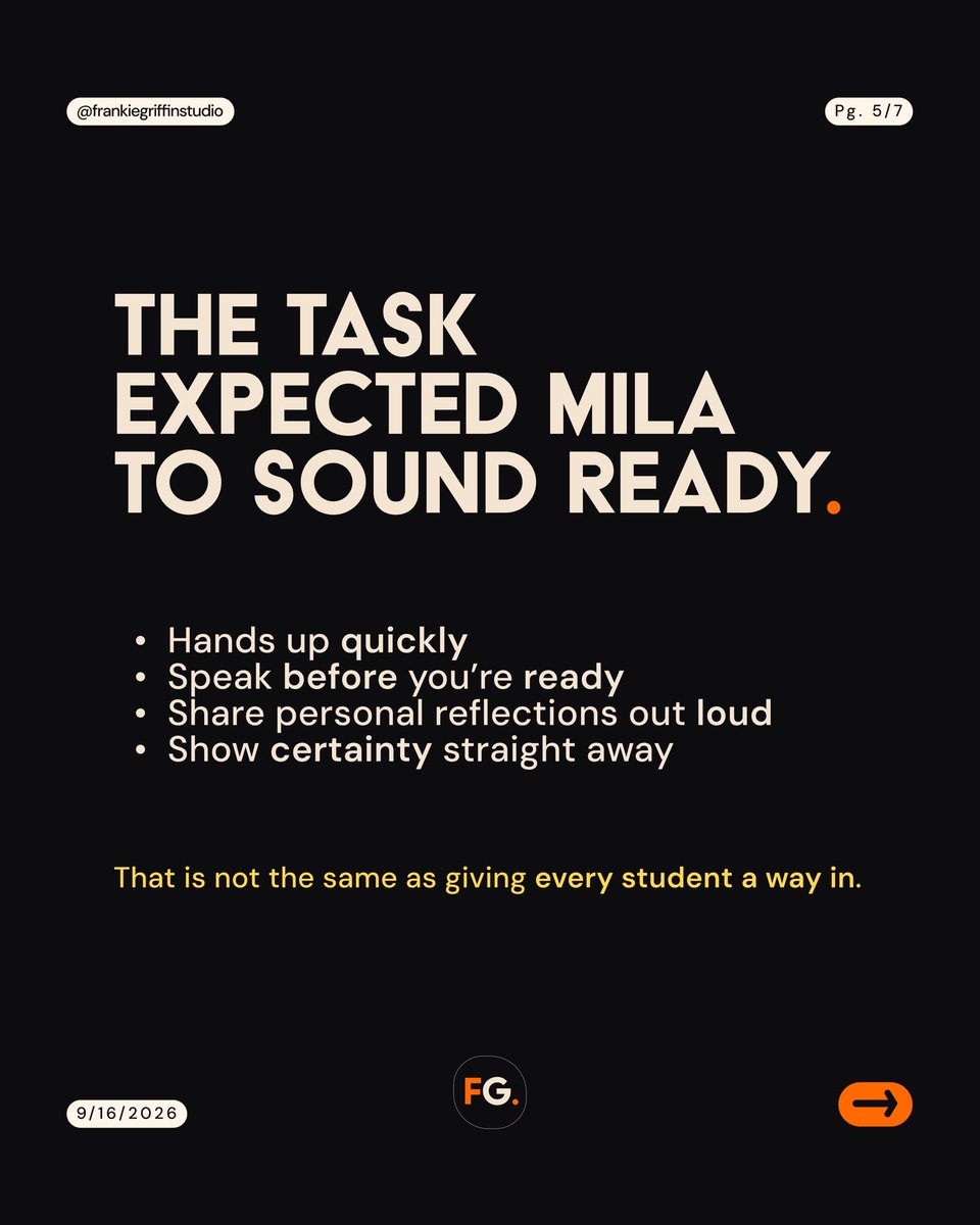 FrankieGStudio's tweet photo. 2/2 • Mila shouldn’t have to appear more confident than she feels to take part.

Her story brings us back to a question for our own lessons: are we leaving room for students to contribute as themselves?

#LearningDesign #EducationDesign https://t.co/bhWLHEvVmU