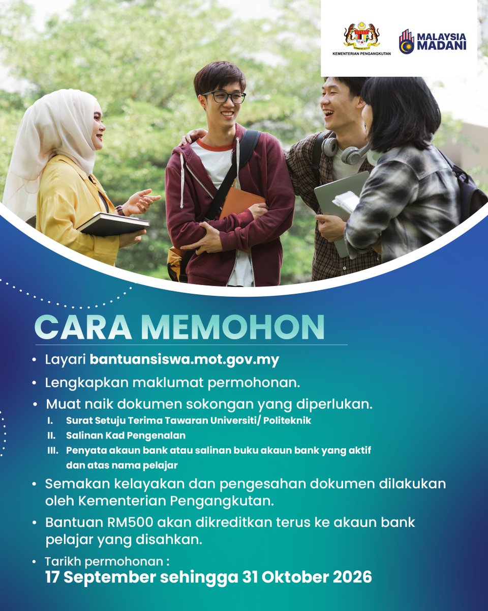 MOTMalaysia's tweet photo. Bantuan Khas Pembelian Tiket Penerbangan secara one-off sebanyak RM500 bagi membantu meringankan beban kewangan pelajar baharu yang perlu melakukan perjalanan udara merentas Semenanjung Malaysia, Sabah, Sarawak dan W.P. Labuan bagi tujuan pendaftaran dan memulakan pengajian. https://t.co/VyxGuFcvbb