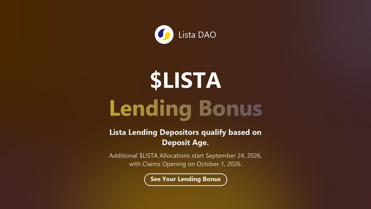liescteDOA's tweet photo. $LISTA Lending Bonus Allocations Begin September 24, 2026.  

Lista Lending Depositors qualify for an Additional $LISTA Allocation based on Deposit Age, with Claims Opening October 1, 2026.  

See Your Lending Bonus 👇 
https://t.co/ZLez82PQox https://t.co/zV36z5XIfh