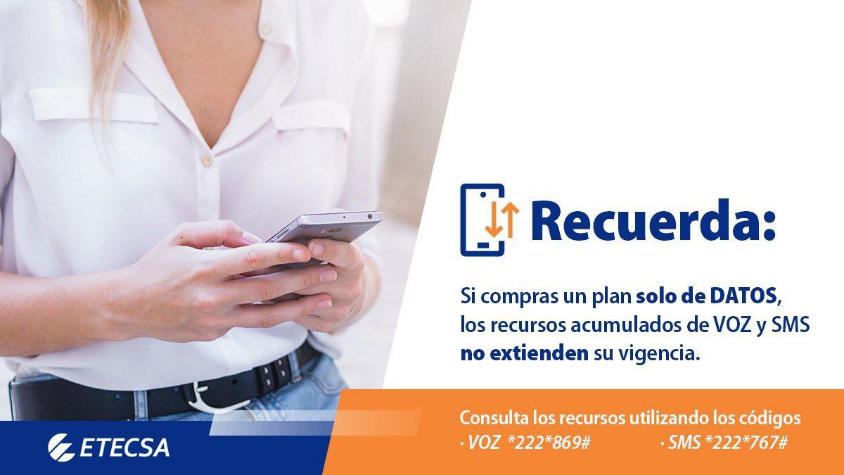 EtecsaMatanzas's tweet photo. 📌 Información para usted❗
Recuerda, si compras un plan solo de DATOS, los recursos acumulados de VOZ y SMS no extienden su vigencia.
#EtecsaConCuba https://t.co/P3WumUoxsZ