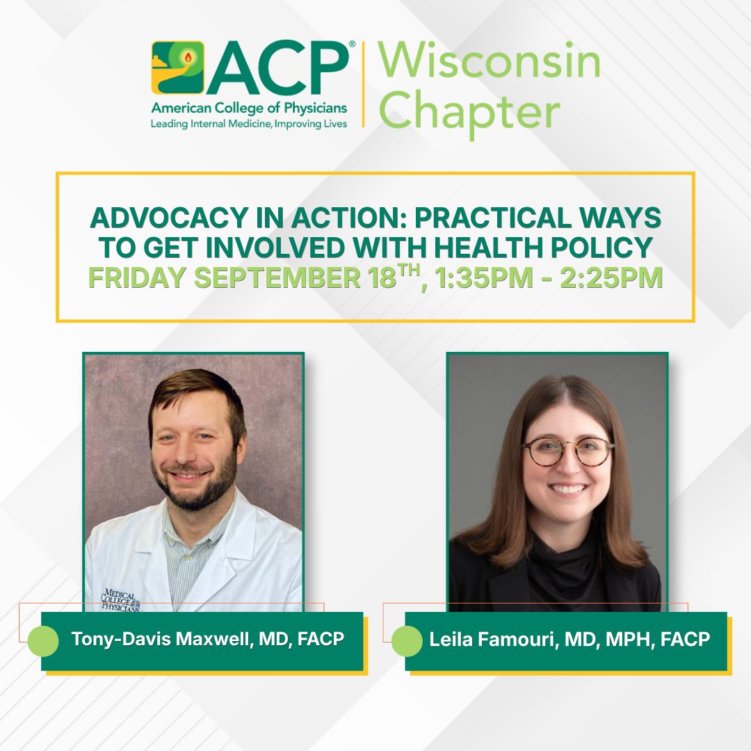 WisconsinACP's tweet photo. Join Tony Davis-Maxwell, MD, FACP, and Leila Famouri, MD, MPH, FACP, to learn practical ways physicians can engage in health policy and advocacy and make their voices heard on issues affecting healthcare. https://t.co/YJYy13moZV