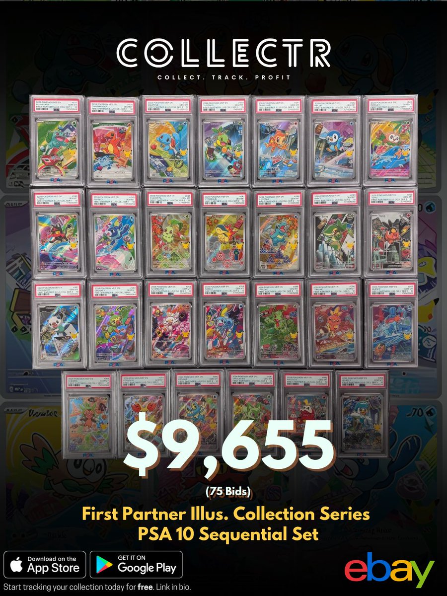 getcollectrapp's tweet photo. A PSA 10 Sequential Set of the First Partners Illustration Collection Series 1 - 3 just sold on eBay for $9,655. 

#Collectr #PokemonTCG #PokemonCards #firstpartner #psa10 https://t.co/KDE9wGUkhK