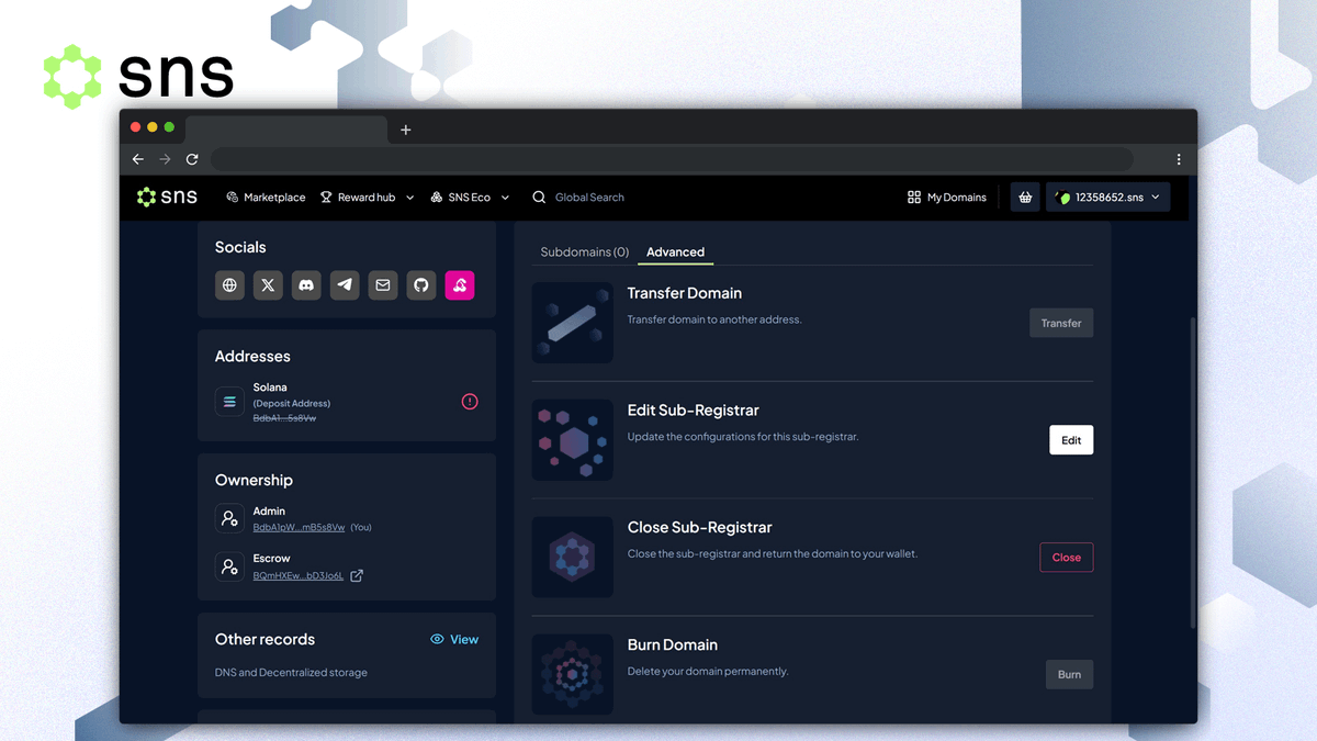 sns's tweet photo. Need to update something later?

Open your domain again, go to the Advanced tab, and select the edit button.

You can update the admin wallet, fee wallet, pricing, and other settings, or disable new registrations when needed.

You can also manage or delete the sub-registrar from the same place.