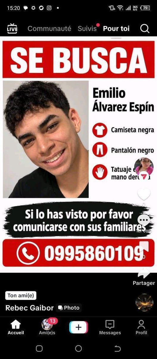 ComunidLaAurora's tweet photo. 🚨 #URGENTE | EMILIO SIGUE DESAPARECIDO

Emilio, de 20 años, continúa desaparecido. Sus familiares solicitan a las autoridades intensificar la búsqueda para dar con su paradero.

Según testigos, el joven habría caído desde el puente de la Unidad Nacional luego de perder el control de su motocicleta y estrellarse contra una de las barandas. Sin embargo, el hecho aún debe ser esclarecido por las autoridades.

Sus familiares también solicitan que se revisen las cámaras de seguridad del sector, con el objetivo de determinar con precisión qué ocurrió.
@ecu911sambo

Según información proporcionada por allegados, su madre llegaría hoy desde España para sumarse a la búsqueda.