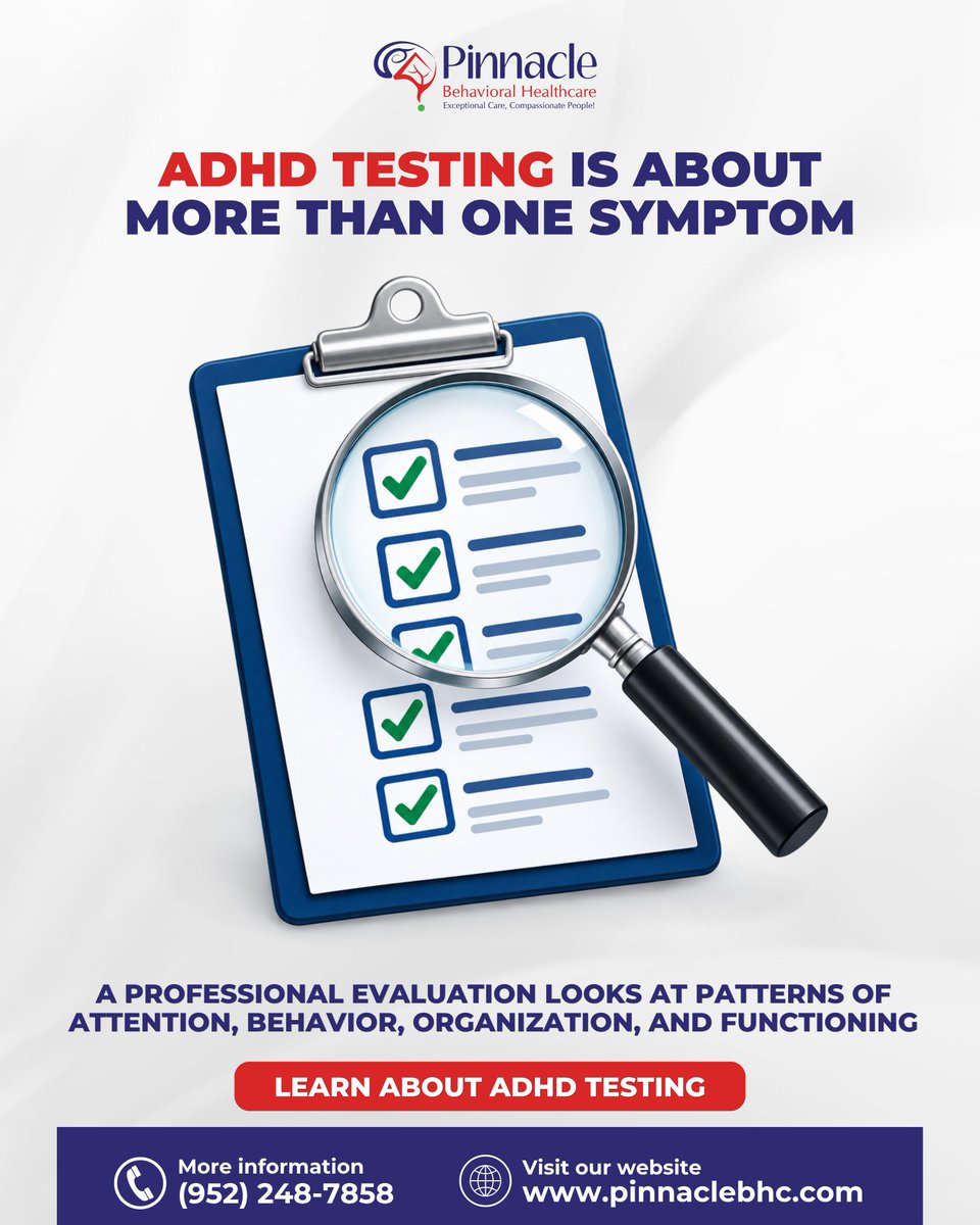 PinnacleBHC's tweet photo. ADHD testing is about more than just a single symptom. It takes a comprehensive look at brain function, behavior, and daily impacts to deliver an accurate, personalized diagnosis. 💡
#PinnacleBHC #adhd #MentalHealthSupport https://t.co/lij5ADFqwk
