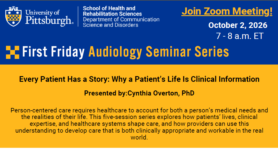 PittCSD's tweet photo. Please join us for an #PittCSD Audiology Seminar Series on Friday, October 2 at 7AM via Zoom! #PittSHRS
https://t.co/LnfsVCqjKS https://t.co/jgRugMDFMz