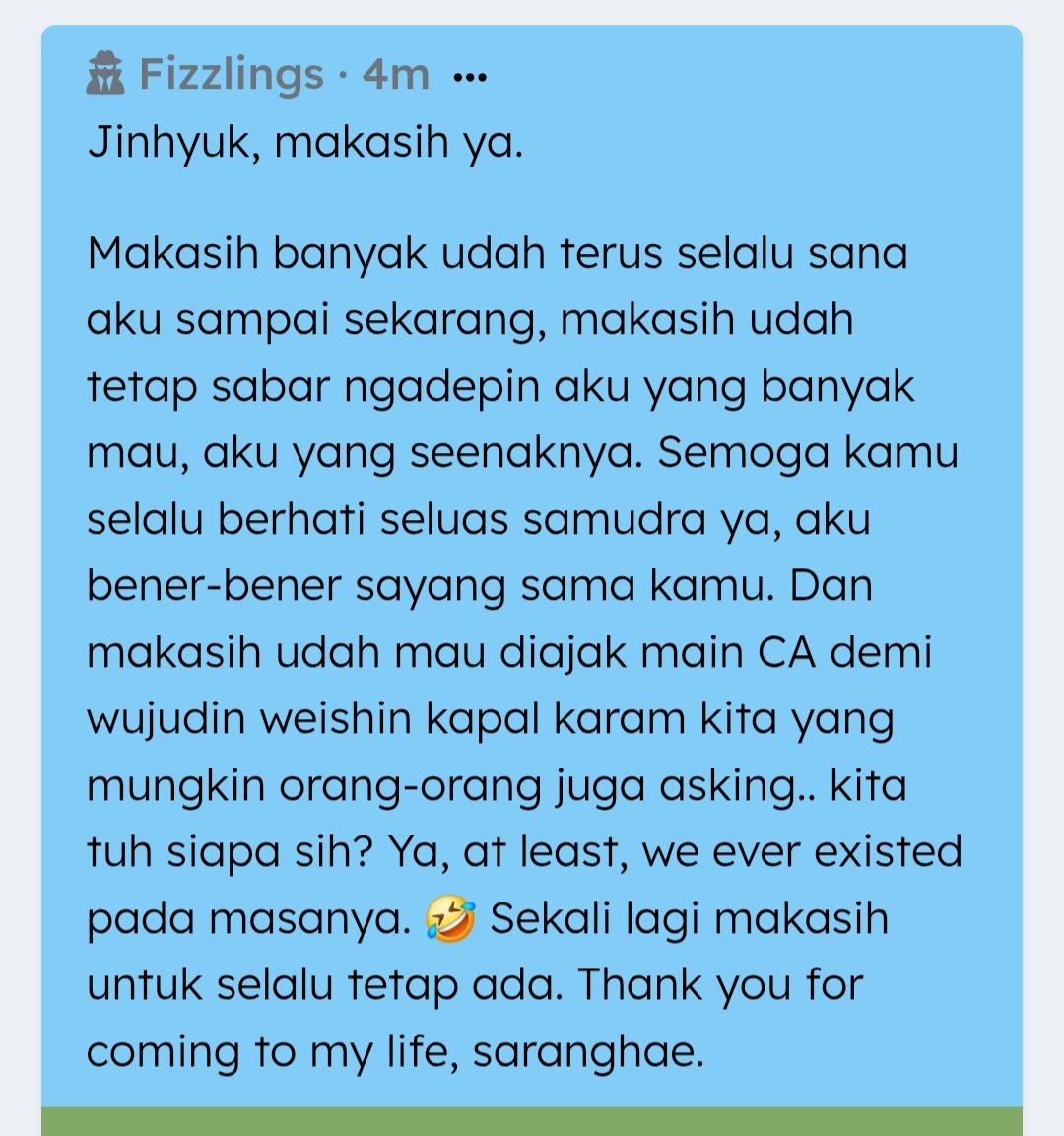 ZestyCakep's tweet photo. Salam buat Haum dari outsider

Ada juga salam buat Ohyul, Bang Jinhyuk, dan Bang Sohee dari ayang masing-masing. Asik tuh? https://t.co/hmHPkoHcLn