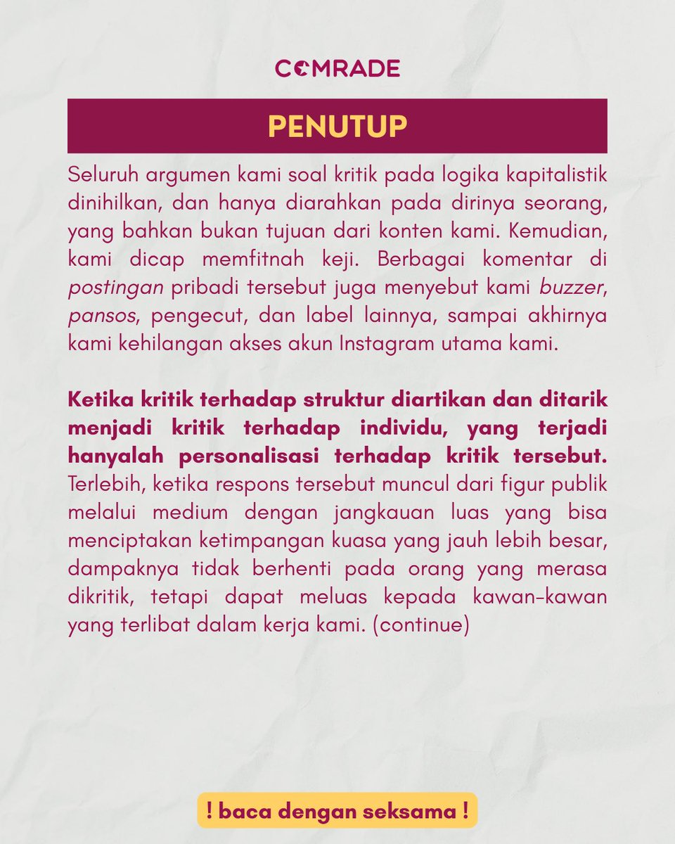 comrade_idn's tweet photo. Belajar dari kejadian ini, kami coba menyimpulkan begini. Semoga bisa dibaca dengan bijak dan diambil manfaatnya.🙂‍↕️

Kalau emang akun instagram utama kami ga bisa balik, kami akan buat akun baru lagi. Tentu saja.

All comrades unite✊❤️‍🔥 https://t.co/I1KiuTw6il