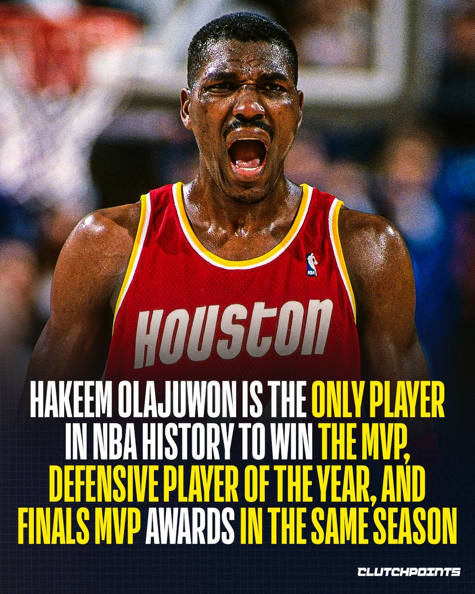 RocketsNationCP's tweet photo. Hakeem Olajuwon is still the only player in NBA history to win MVP, DPOY, and Finals MVP in the same season. 🤯

Elite offense. Elite defense. Championship.

The Dream did it all. 🚀🔥 https://t.co/1wtLnWu7qf
