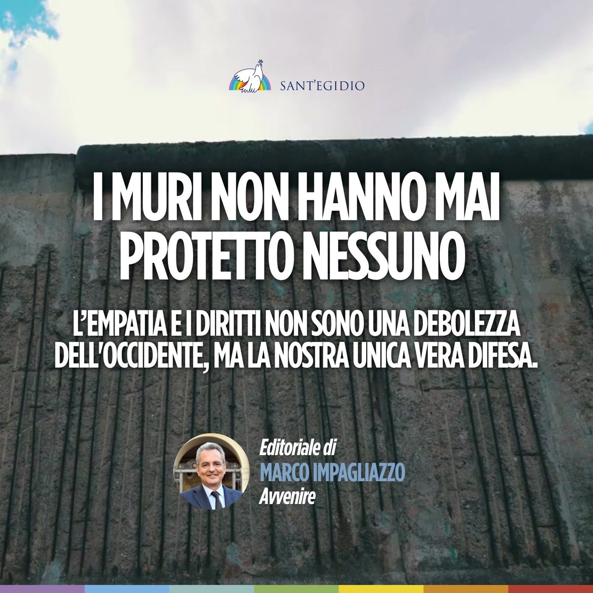 annanapolanogue's tweet photo. Di fronte alle incertezze globali, la tentazione più facile è cedere alla paura, cercare un colpevole e rifugiarsi dietro a dei muri. Ma la storia ci insegna che nessuna barriera ha mai garantito vera sicurezza. 

👉  Marco Impagliazzo su Avvenire: https://t.co/nV2W6z3kVr https://t.co/1H25eX4rIv