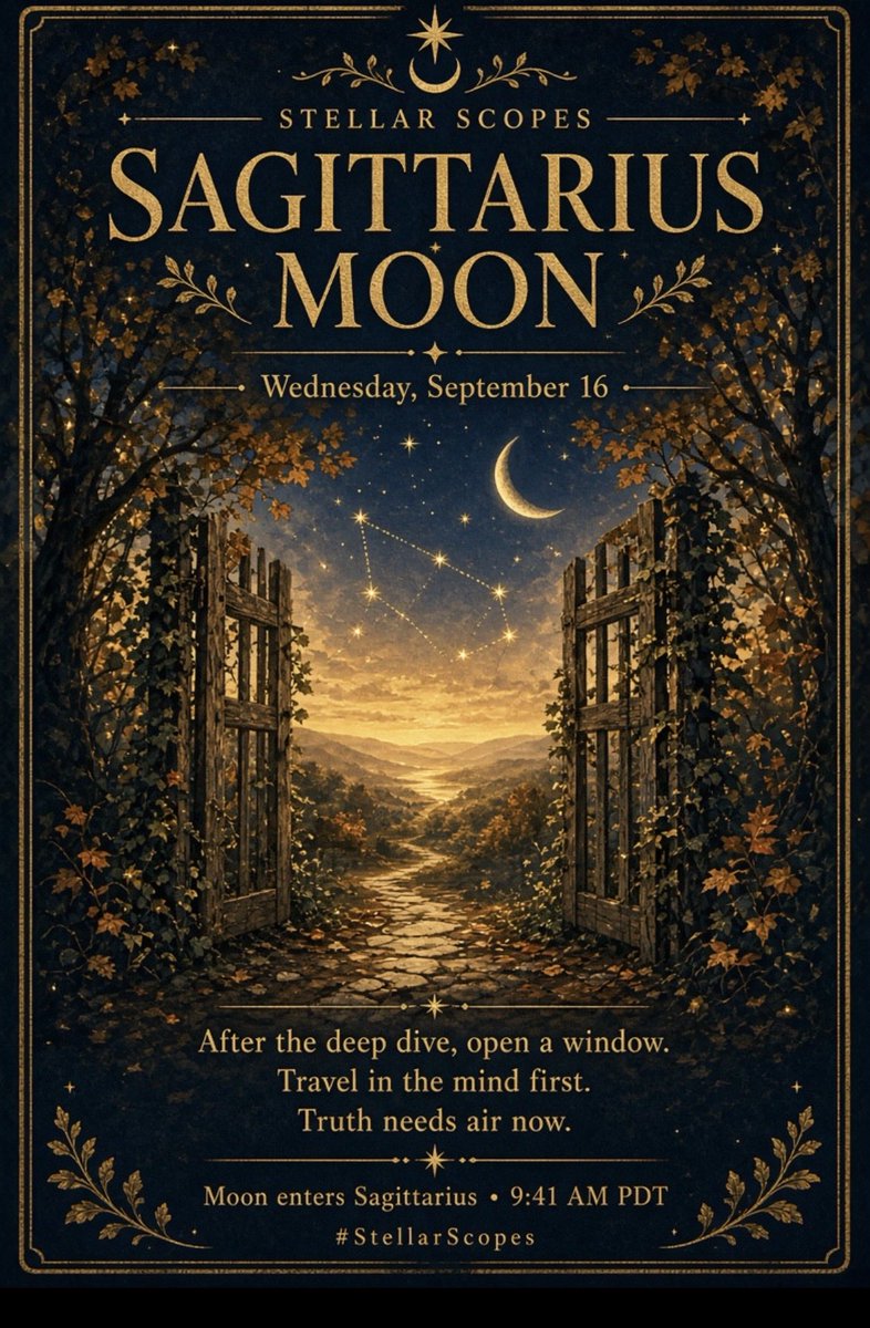 StellarScopes_'s tweet photo. The sky opens.
Moon enters Sagittarius • 9:41 AM PDT
After the depths — wider views, honest words, a little more room to breathe. ♐🌙
#SagittariusMoon #StellarScopes https://t.co/YQOonctfum