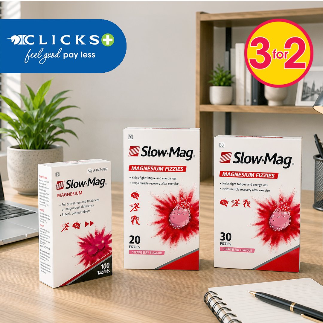 Clicks_SA's tweet photo. Low on magnesium? Top things up. ⚡
Slow-Mag helps maintain magnesium levels, supporting energy, muscle function, and recovery after exercise.
Buy 3 and get the cheapest 1 FREE. Plus, swipe your ClubCard for cashback.
#Clicks #ClicksClubCard #SlowMag https://t.co/MKB87hgZnv