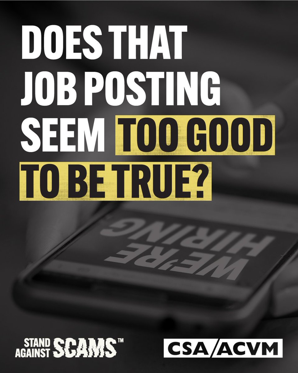 CSA_News's tweet photo. Stop. Check. Talk. Scammers often target job seekers with fake job offers that promise quick hiring and with higher than average pay. They may ask for personal information, upfront fees, or payment for training and equipment. https://t.co/DXP2DrPjSv
#StandAgainstScams https://t.co/QdhTPRbBjV