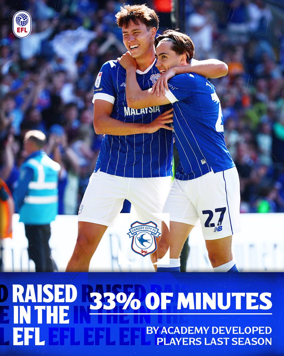 EFL's tweet photo. 👏 33% of minutes played by @CardiffCityFC players last season were through players developed in their academy, the highest of any EFL Club 🤝

#EFL | #RaisedintheEFL https://t.co/QPtTvvnj7C