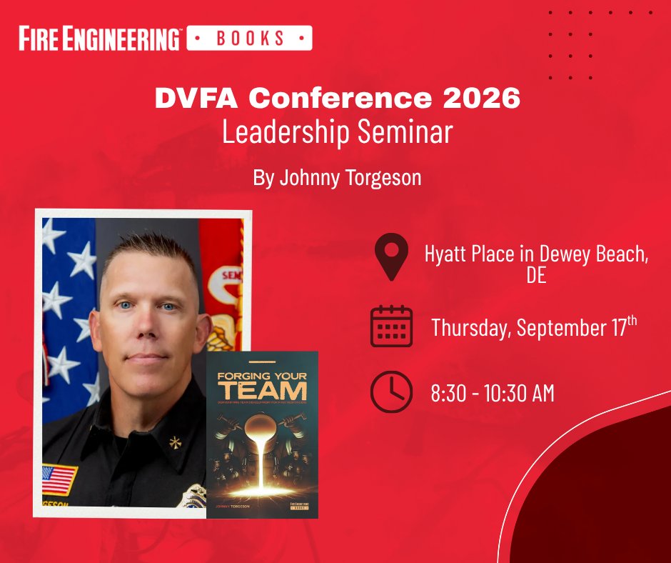FireBooks's tweet photo. Join Fire Engineering Books author Johnny Torgeson for a leadership seminar packed with real-world strategies for building resilient fire service teams.  

Thursday, September 17, 2026 
8:30 AM – 10:30 AM
Hyatt Place, Dewey Beach, DE

For more information: https://t.co/jTqZwLkwow https://t.co/4wi6EufbVz