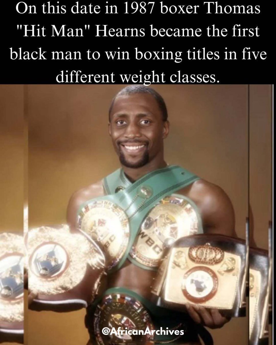 AfricanArchives's tweet photo. On September 17, 1987, Thomas “Hitman” Hearns made boxing history when he defeated Juan Domingo Roldán to win the vacant WBC middleweight championship. With that victory, Hearns became the first boxer in history to win recognized world titles in five different weight divisions, an extraordinary achievement in a sport where moving up in weight often means facing naturally larger and stronger opponents.

Born in Memphis, Tennessee, in 1958 and raised in Detroit, Hearns developed into one of the most feared punchers of his generation under legendary trainer Emanuel Steward at Detroit’s Kronk Gym. Standing unusually tall for the divisions in which he began his career, Hearns combined a long reach with tremendous punching power. His devastating right hand earned him the nickname “The Hitman,” and by 1980 he had captured his first world championship after stopping José Pipino Cuevas for the WBA welterweight title.

Hearns went on to win championships at junior middleweight, middleweight, super middleweight and light heavyweight, becoming one of boxing’s great multi-division champions. Along the way, he shared the ring with some of the greatest fighters of his era, including Sugar Ray Leonard, Roberto Durán and Marvin Hagler. His 1985 fight with Hagler, remembered simply as “The War,” lasted less than eight minutes but became one of the most celebrated fights in boxing history because of its relentless action.

His career included unforgettable victories as well. In 1984, Hearns knocked out Roberto Durán in the second round with a crushing right hand, becoming the first fighter to knock Durán out. Three years later, the victory over Roldán secured Hearns' fifth divisional world championship and a place in boxing history that no fighter before him had reached.

Hearns continued competing for years afterward and eventually won titles across six weight divisions during his long career. His combination of speed, reach, skill and frightening punching power made him one of the defining fighters of the 1980s and one of the greatest Black American boxers in the history of the sport.