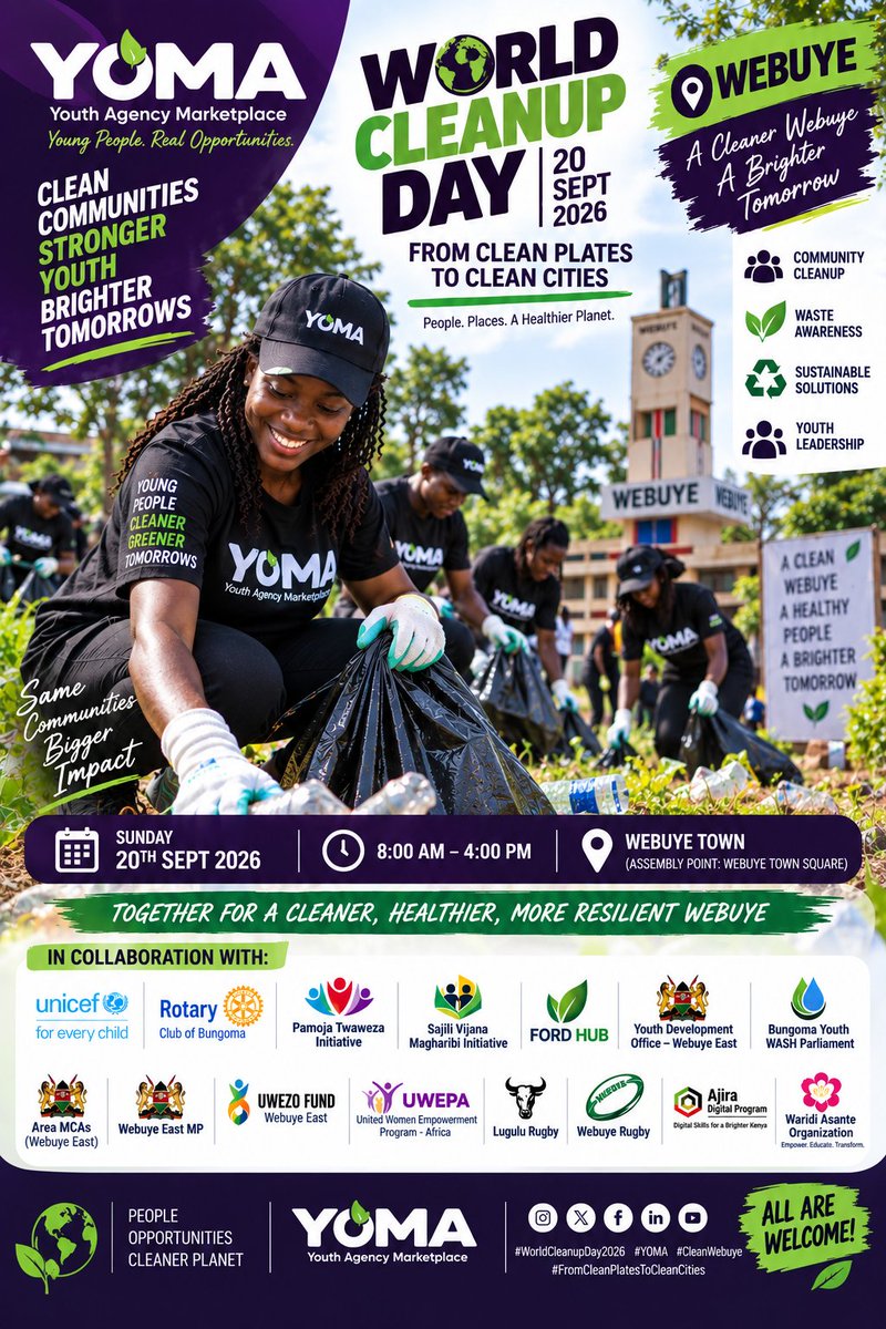 VDCCCLXXIV's tweet photo. 🌍 Webuye, we’re showing up! ♻️💚

This #WorldCleanupDay2026, 20th September, we’re turning environmental awareness into ACTION. 🧹🌱

📍 Webuye Town
⏰ 2PM–4PM

Come volunteer, collaborate or support. A cleaner Webuye starts with us! 💪🏾

#YOMA #CleanWebuye #DandiaRada https://t.co/xavkhZqa3N