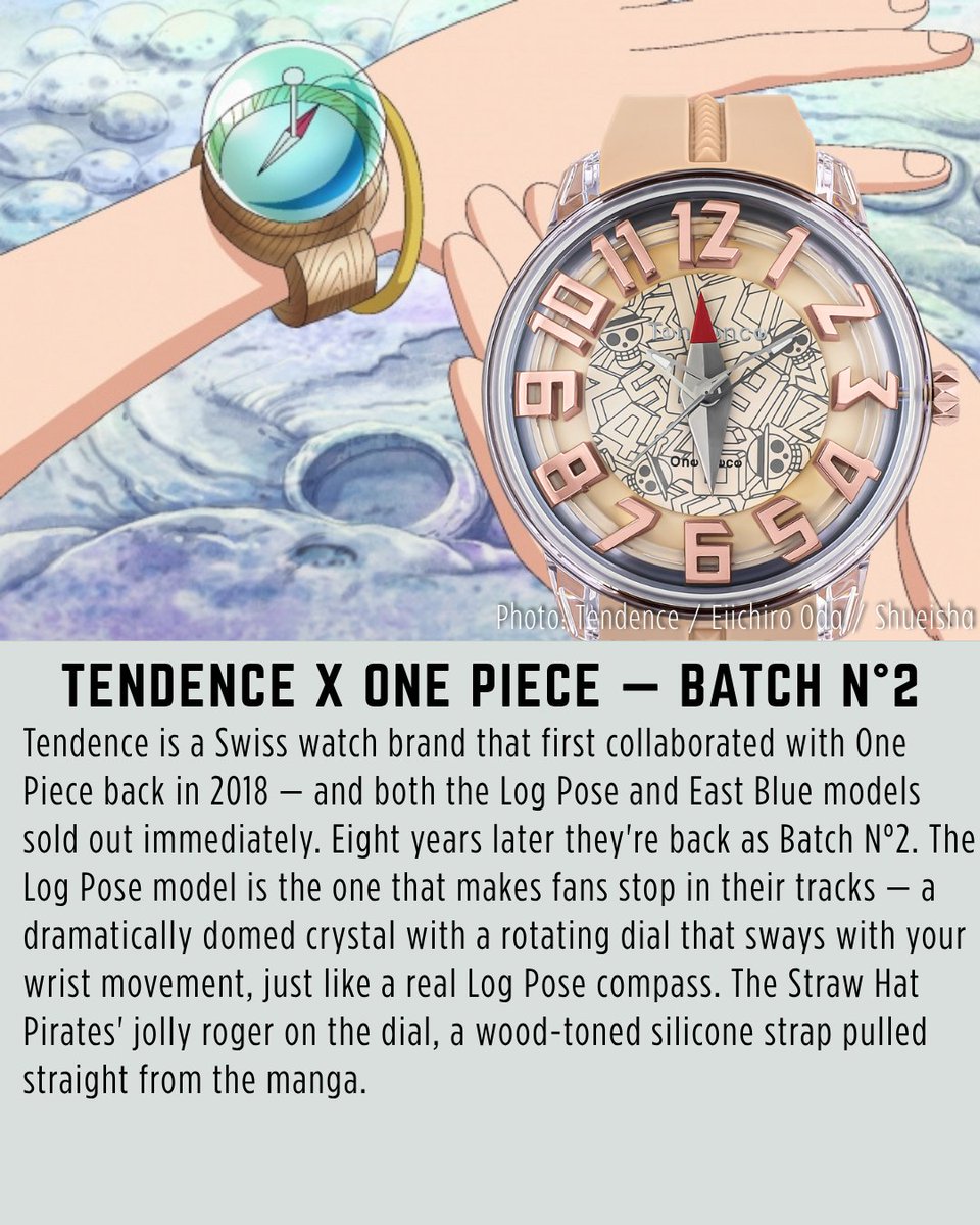 JPFactoryYT's tweet photo. Tendence x One Piece Batch N°2 is back — Log Pose model with a rotating domed dial that moves like a real compass (300 pieces) and East Blue with a rotating ship's wheel (200 pieces). First time available since 2018. Pre-order open now, ships October 16. We ship worldwide. https://t.co/sZ9mGRlMLE