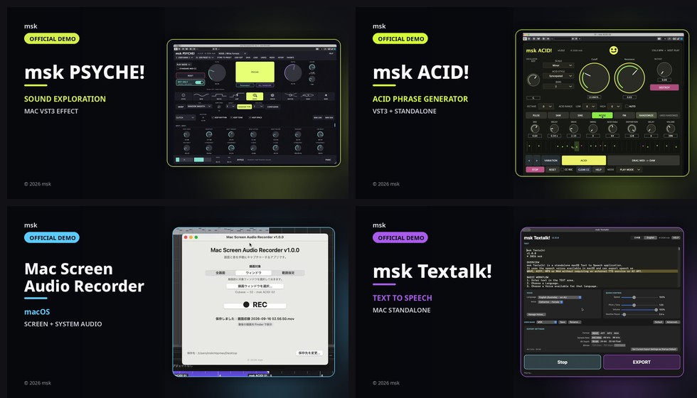 mskArtx's tweet photo. 少しずつ自分用VST3インストゥルメント&amp;エフェクトやらIntel&amp;Apple siliconスタンドアロンアプリやら作ってます。紹介ページ作りました。
https://t.co/XrLE1tBnrp

気力とかテンションとか伴ったら、過去JavaScriptで作ってた画像変換系アプリとか動画素材作成用アプリとか移植したい。

#VST #Mac https://t.co/CyQZLKpxlL