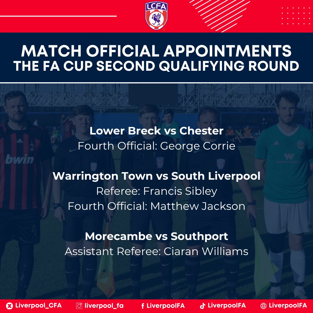 LCFA_Referees's tweet photo. 🙌Congratulations to the 4⃣ @Liverpool_CFA match officials who have been appointed by @FARefereeing to the Second Qualifying Round of the @EmiratesFACup! https://t.co/6DntmNMEB7