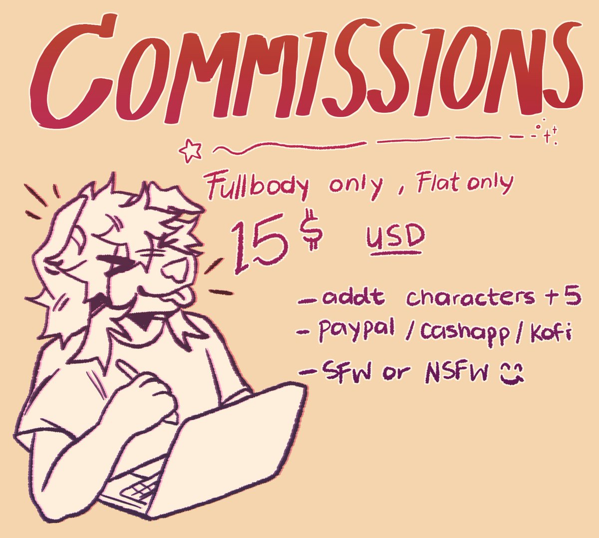 cqtacid's tweet photo. Hello! I'm opening my commz up ! 
Fullbody flats for 15 💸 + Addt characters are + 5
turn around is typically 2-4 weeks 
I am best contacted via twitter dms or discord @/sagert -- 
RTs super appreciated! 😊 see examples in the replies https://t.co/rJ8THQBm1u