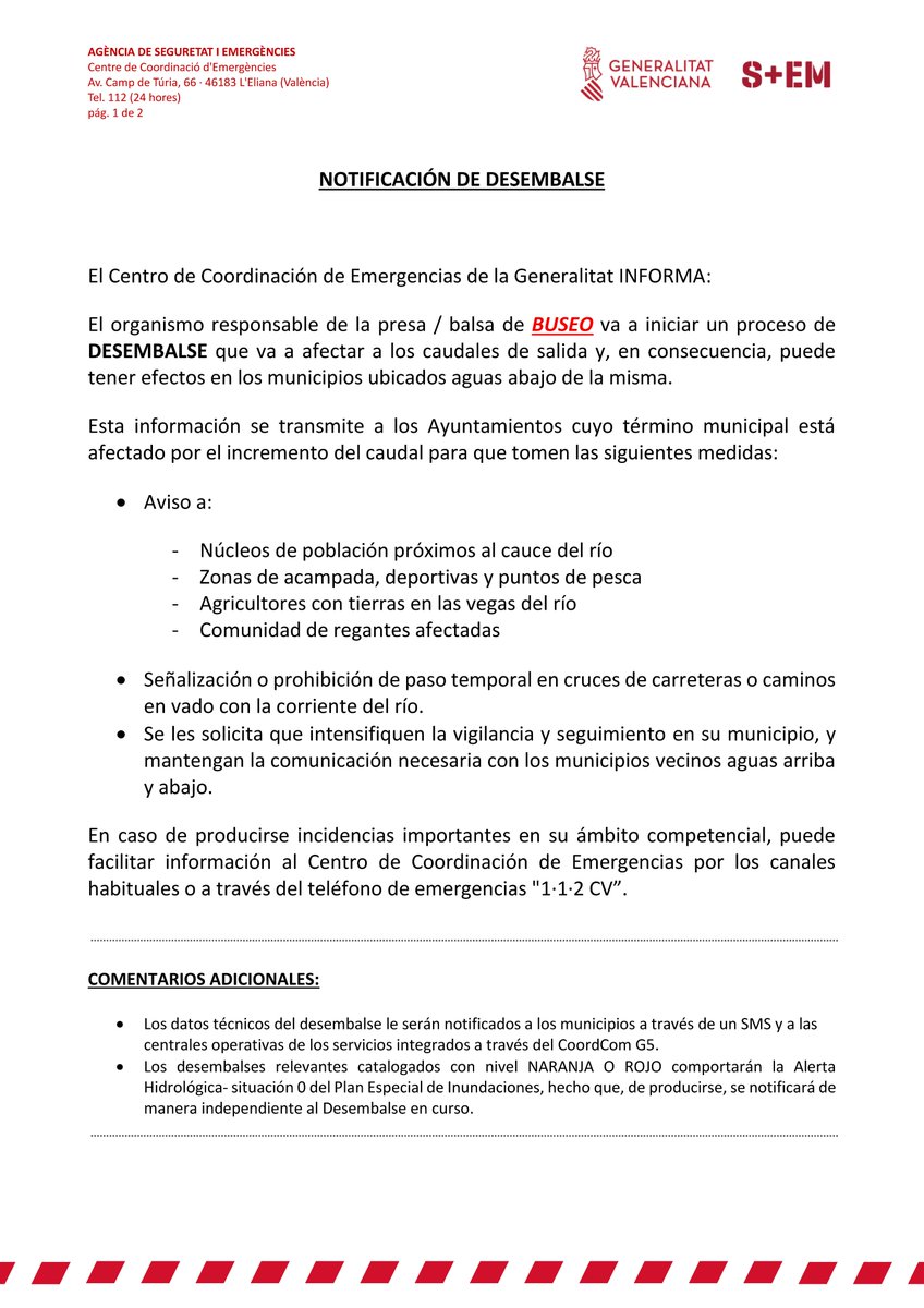 GVA112's tweet photo. 🔉El Centre de Coordinació d'Emergències de la @generalitat envia un comunicat als ajuntaments situats aigües avall de la presa de Buseo per a informar que l'organisme responsable de la bassa iniciarà, de manera preventiva, un procés de desembassament de cabal.

Es demana als responsables d'estos municipis que intensifiquen la vigilància i seguiment en la zona.