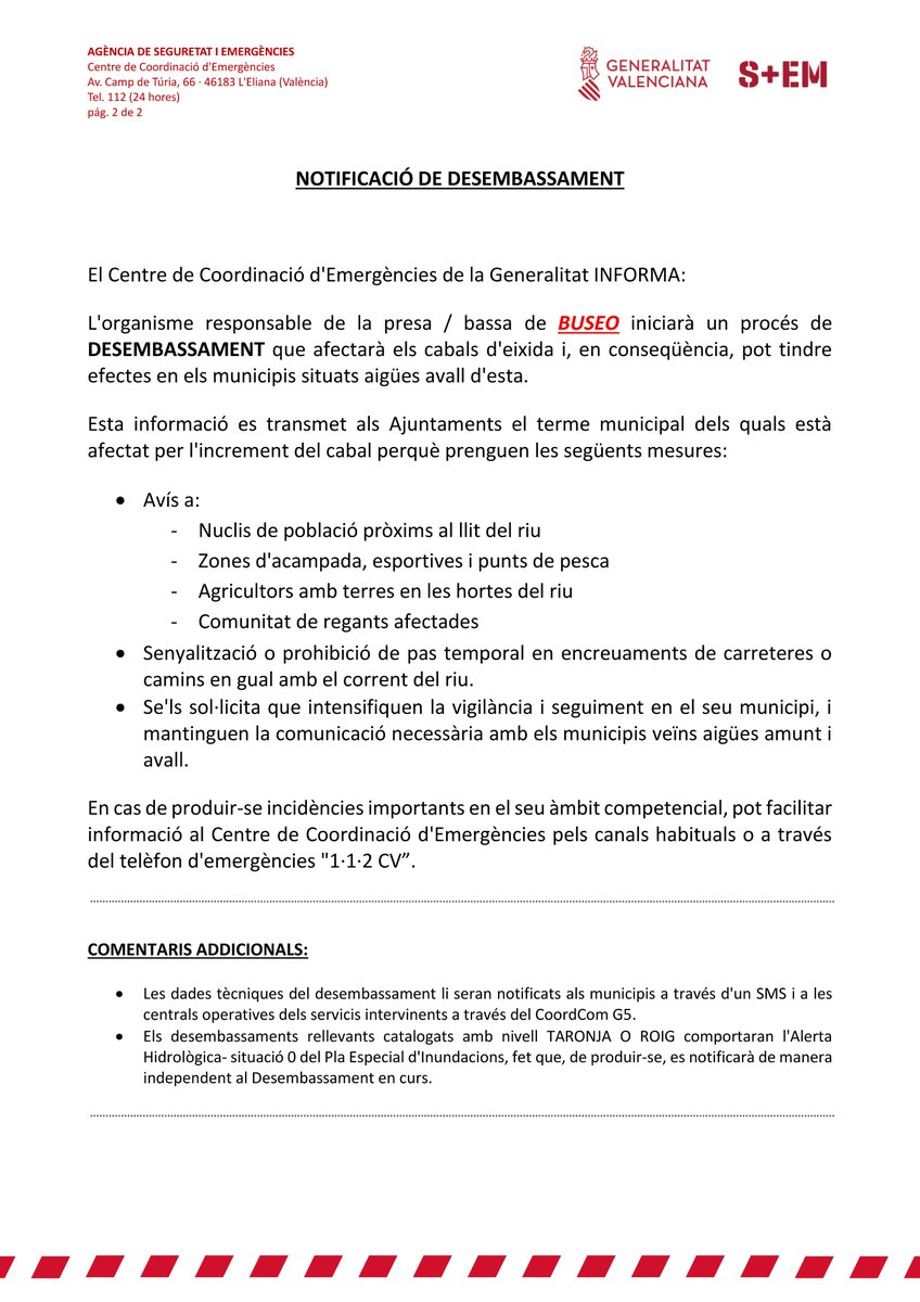 GVA112's tweet photo. 🔉El Centre de Coordinació d'Emergències de la @generalitat envia un comunicat als ajuntaments situats aigües avall de la presa de Buseo per a informar que l'organisme responsable de la bassa iniciarà, de manera preventiva, un procés de desembassament de cabal.

Es demana als responsables d'estos municipis que intensifiquen la vigilància i seguiment en la zona.