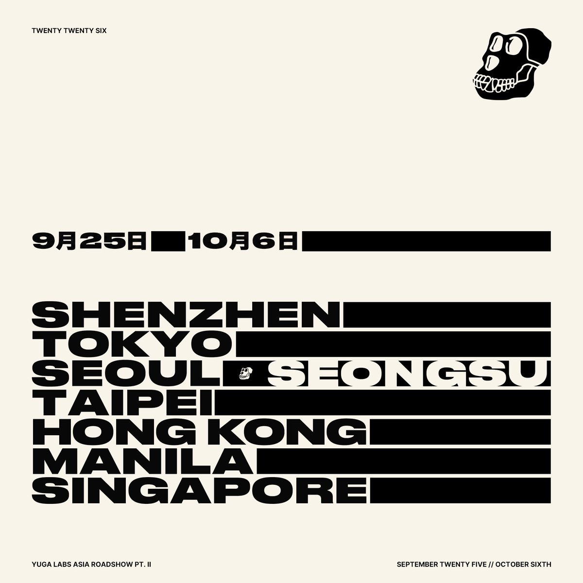 BoredApeYC's tweet photo. Asia Tour Pt. II is almost underway.

The first RSVPs are now live. Find your stop at https://t.co/VBi2vqKlFE.

We’ll see you soon. https://t.co/TwMES2OCja