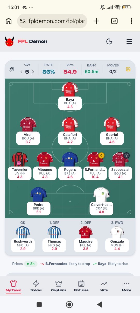 MJxFPL's tweet photo. My Demon AI team 

325 points
.
Would you wildcard to bring Haaland in or roll.

I have 2FT the solver suggests I bring Gvardiol and possibly MGW now then Haaland in for GW7 as Triple captain 

Would love to hear your opinions?

Will Haaland hurt me Vs Sunderland?

#fpl https://t.co/bsOxRsOHXf
