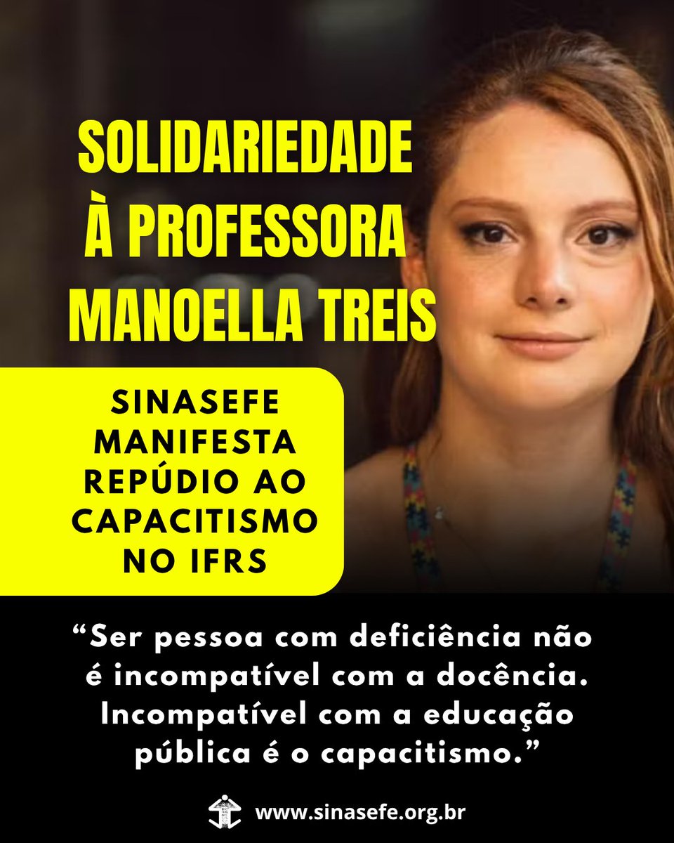 SINASEFE's tweet photo. Solidariedade | O SINASEFE manifesta total solidariedade à professora Manoella Treis, aprovada em concurso para professora de Administração no IFRS - Campus Veranópolis, e repudia veementemente a decisão do IFRS de impedi-la de tomar posse.  Leia a nota: https://t.co/DsEMgMrK91 https://t.co/k9CF7JxayW