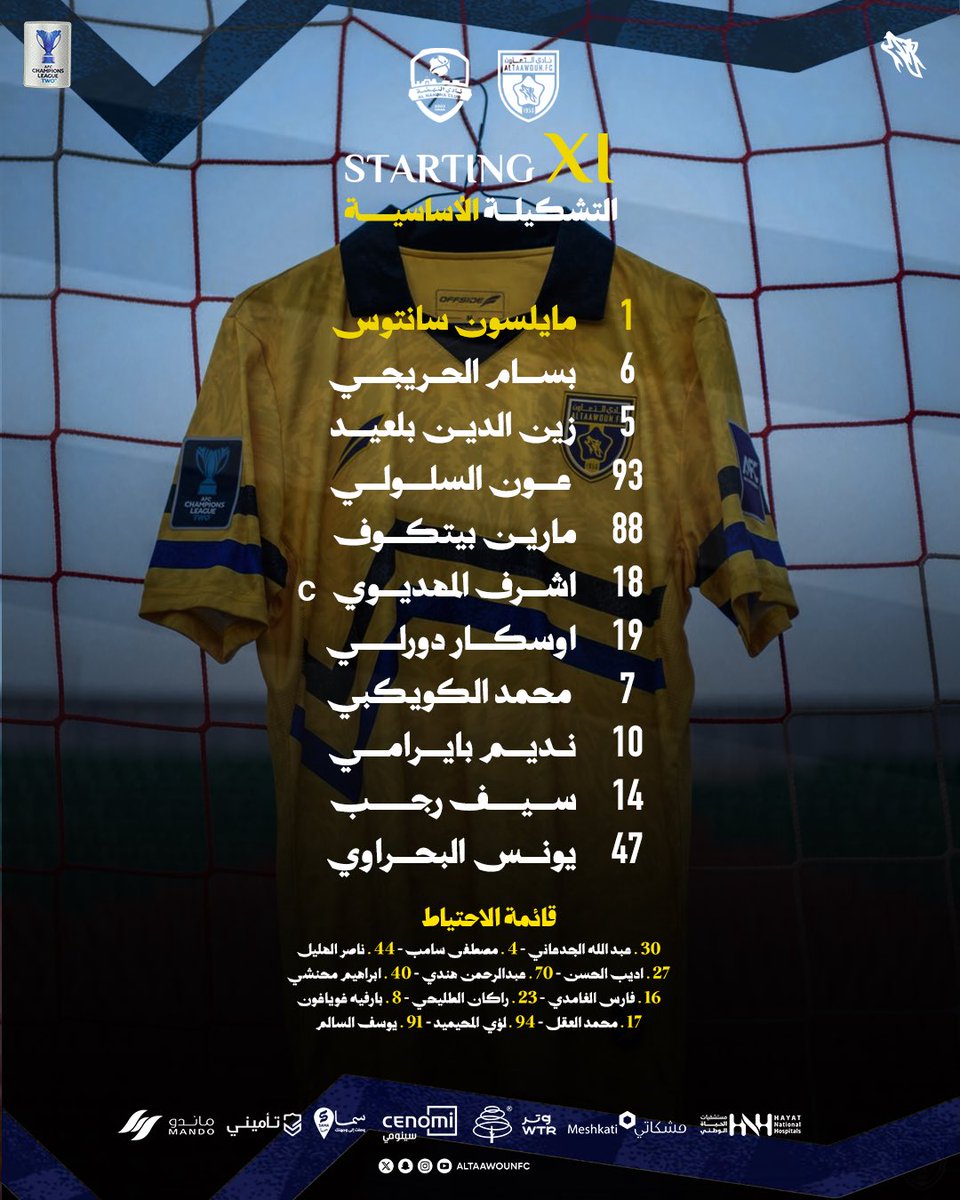 AltaawounFC's tweet photo. نظرة على اختيارات السيّد #جهاد_الحسين لمواجهة "النهضة" ضمن الجولة الأولى من #دوري_أبطال_آسيا_الثاني 🆙💛

#نحن_الذئاب | #التعاون_النهضة https://t.co/jSMR6voz3x