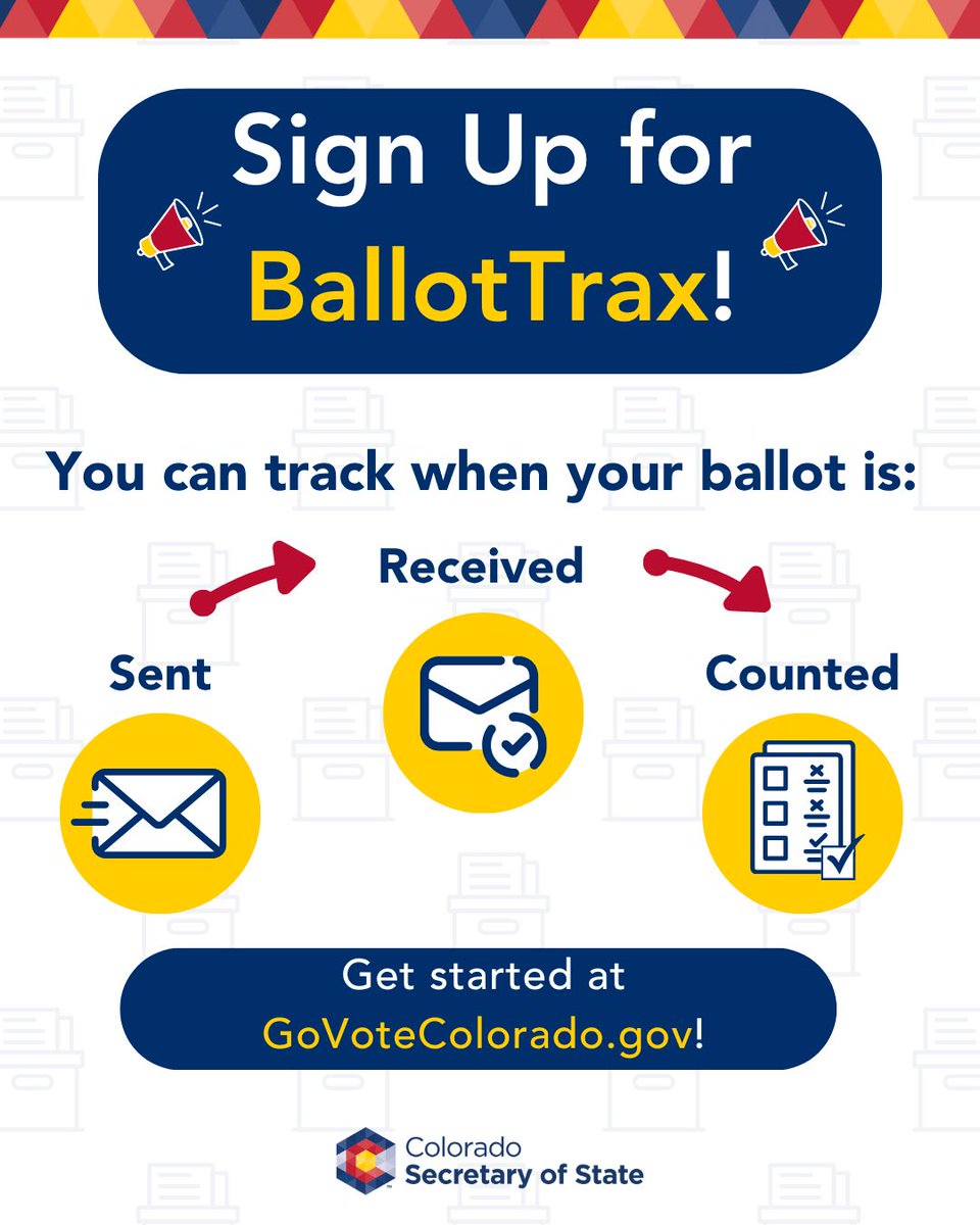 COSecofState's tweet photo. Are you signed up for BallotTrax? You can track the status of your ballot from the time it is mailed to you through the time it has been accepted for counting by your County Clerk. Learn more and sign up today at https://t.co/HNXNM7Ipuo. https://t.co/a4XHRxUJ2Y