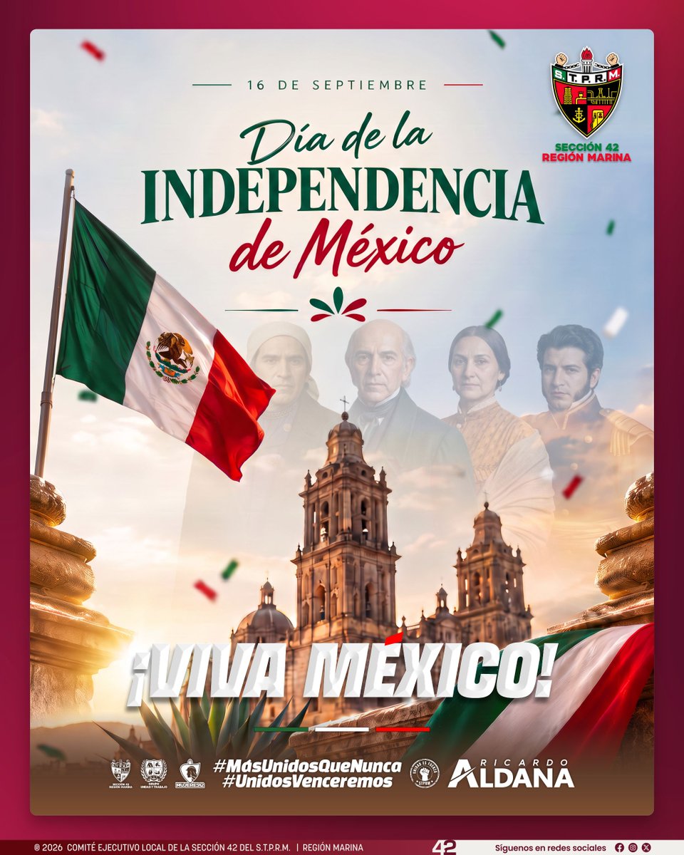 Seccion42_STPRM's tweet photo. 16 de septiembre  |  Día de la Independencia de México

Hoy celebramos el nacimiento de nuestra nación libre y soberana. El 16 de septiembre es más que una fecha histórica: es el símbolo de la valentía, la unidad y la determinación de un pueblo que decidió levantarse para construir su propio destino.

La Independencia de México nos recuerda que la fuerza de nuestra patria está en su gente, en su espíritu incansable y en la convicción de que la libertad se defiende con orgullo, trabajo y unión.

En la Sección 42 honramos a quienes dieron patria y reconocemos el compromiso de todas y todos los que, día a día, contribuyen al progreso de nuestro país.

¡Que viva México y que viva nuestra Independencia!
#SomosSTPRM #MásUnidosQueNunca #UnidosVenceremos
@lgps03101 @MarcoAzuara1