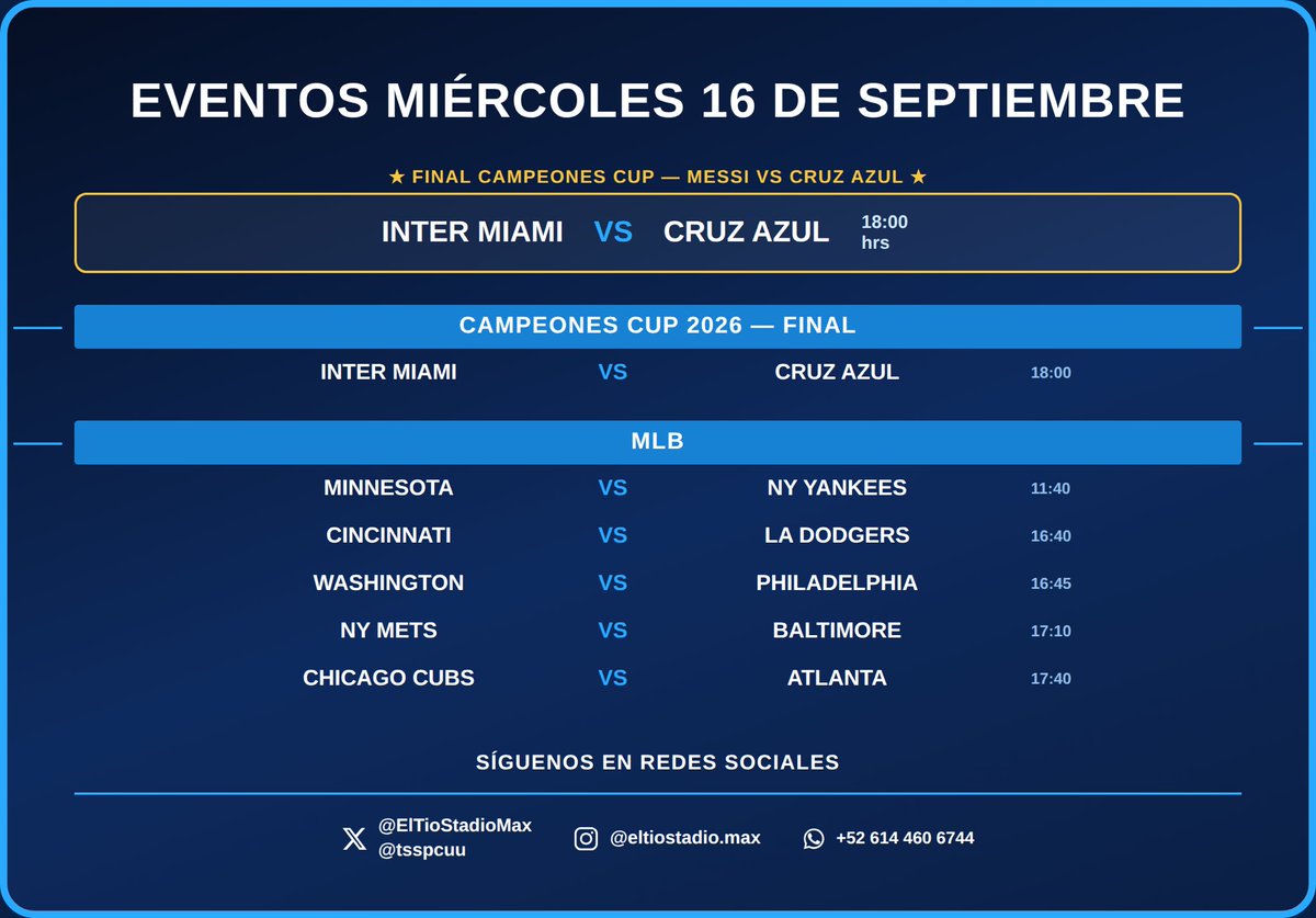 ElTioCuu's tweet photo. 🇲🇽 ¡Viva México! Y qué mejor forma de celebrarlo: Inter Miami vs Cruz Azul, FINAL de la Campeones Cup

⚾ MLB: Yankees vs Minnesota, Dodgers vs Cincinnati, Cubs vs Atlanta

📲 Todo EN VIVO con El Tio Cuu
Envía DM y descárgala ya https://t.co/RQ1m4GTXhn