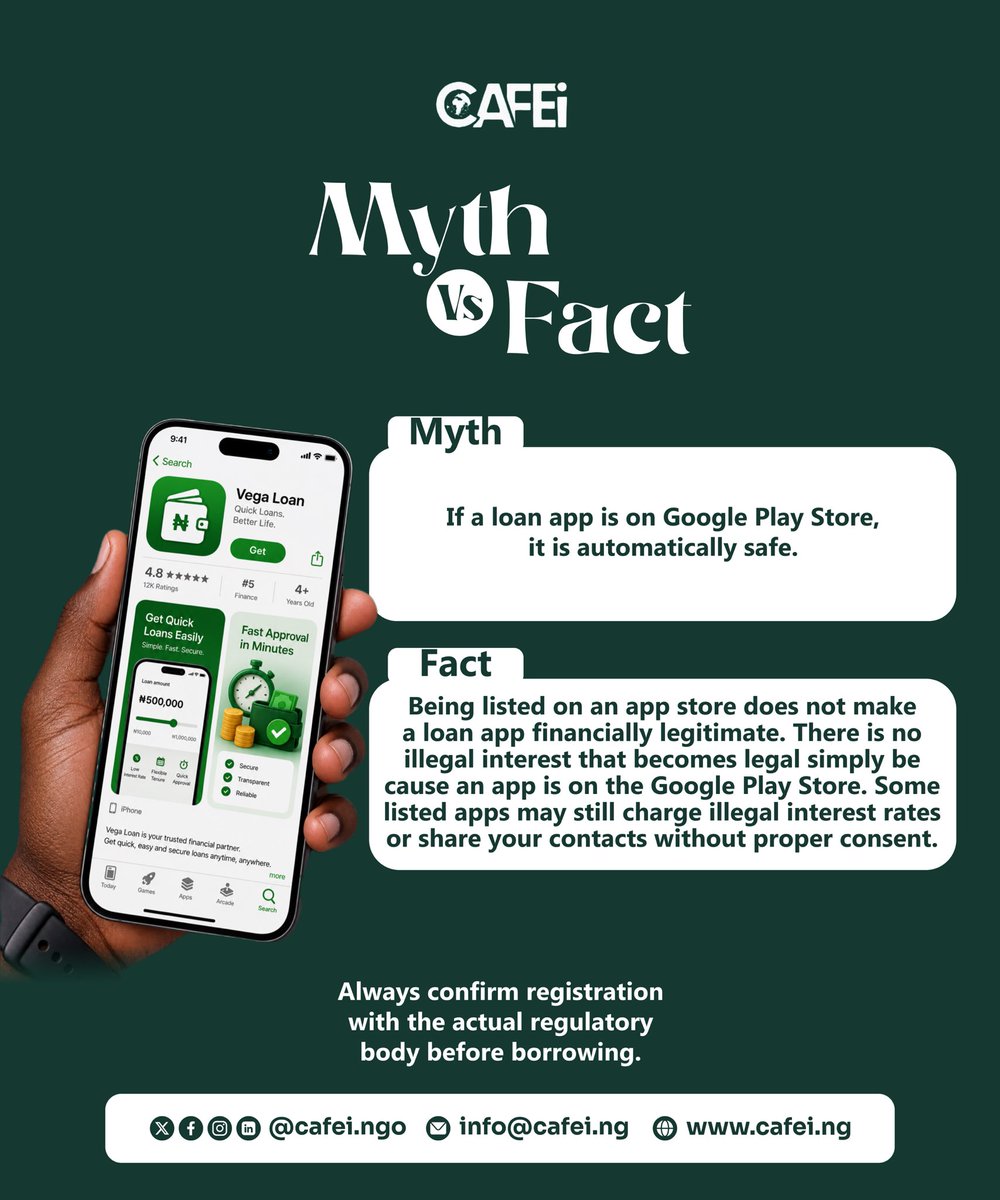 CAFEiNGO's tweet photo. Play Store ratings are not a license.

Visibility ≠ Legitimacy.

Before you tap "Get," verify the lender, not just the listing.

Stay protected, borrow smart.

#MythVsFact #digitallending #çarşamba #bıst100 https://t.co/3UXulApczW