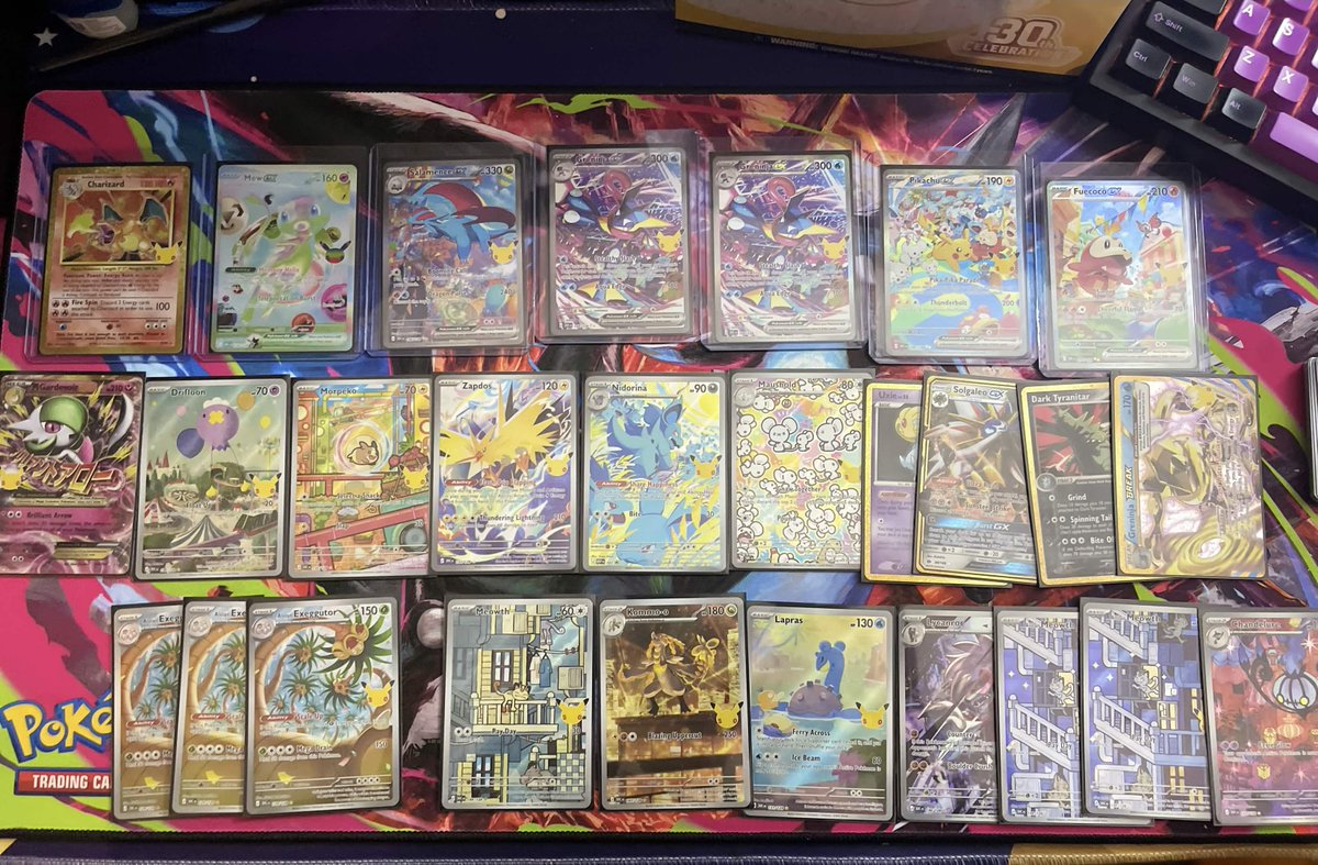 Emytopia's tweet photo. Just finished opening my Pokémon 30th Anniversary packs!

The cards are SO cute, and the Pikachu at the end of every pack is perfect!

Got EXTREMELY lucky with my pulls! 
LET’S GOOOO!!!
#PokemonTCG #Pokemon30 #PokemonCards https://t.co/NWo1yNnmCL