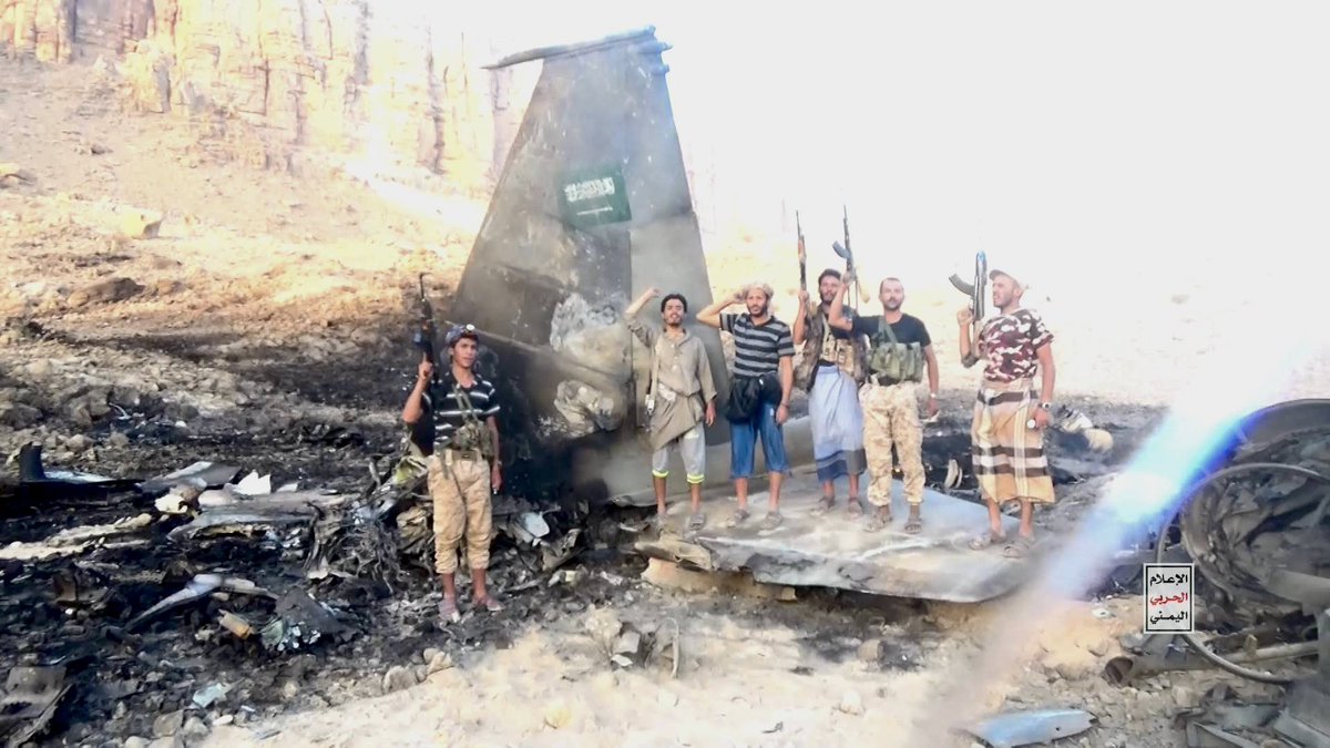 HormuzLetter's tweet photo. BREAKING: Yemen’s Houthis have shot down a Saudi Air Force F-15SA over Marib with a surface-to-air missile, with Houthi fighters pictured standing on the wreckage, and tail number 5529 visible. This is the first Saudi F-15 ever brought fully down by Houthi fire. The jet costs roughly $110 million.

Saudi Arabia lost its most advanced fighter jet to the Houthis. The F-15SA is a two-seater, meaning two crew are either dead or captured.