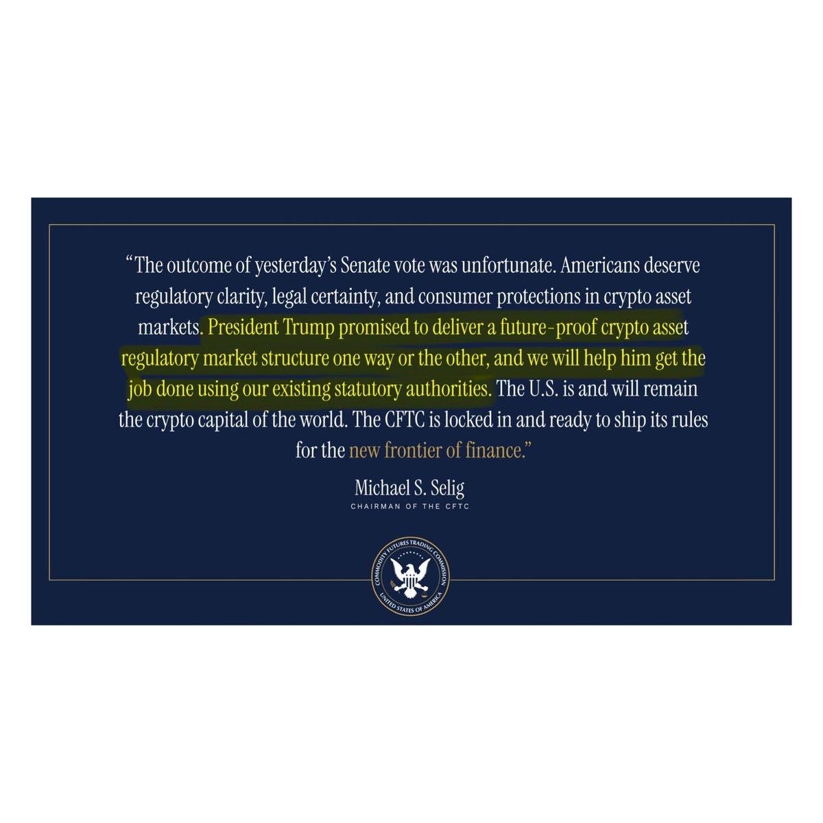 BullTheoryio's tweet photo. BREAKING: 🇺🇸 CFTC Chair Michael Selig says agency will create its own crypto rules after the Senate failed to pass the CLARITY Act. https://t.co/VXKHJDZ6GV