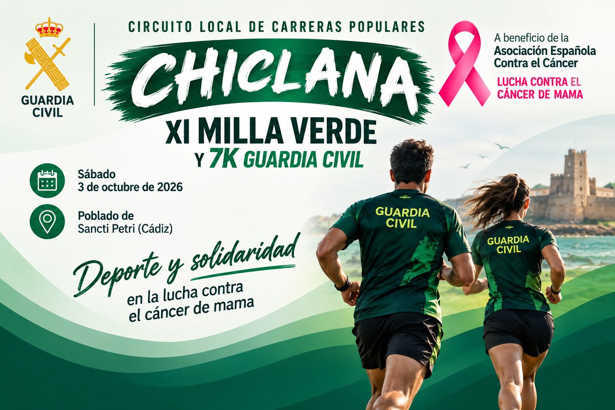 guardiacivil's tweet photo. #PatronaGC26 | 🏃🏃‍♀️Carrera solidaria XI Milla Verde en Chiclana #Cádiz

📅 3 de octubre
🕰️Horario de 10:00 a 14:00 h
🏢Poblado Marinero de Sancti Petri. Chiclana de la Frontera (Cádiz).

Inscripciones:
https://t.co/gB6PGbPy4X

ℹ️ Puedes consultar nuestro programa de actos en el siguiente enlace👇

https://t.co/dF46GwLe0y