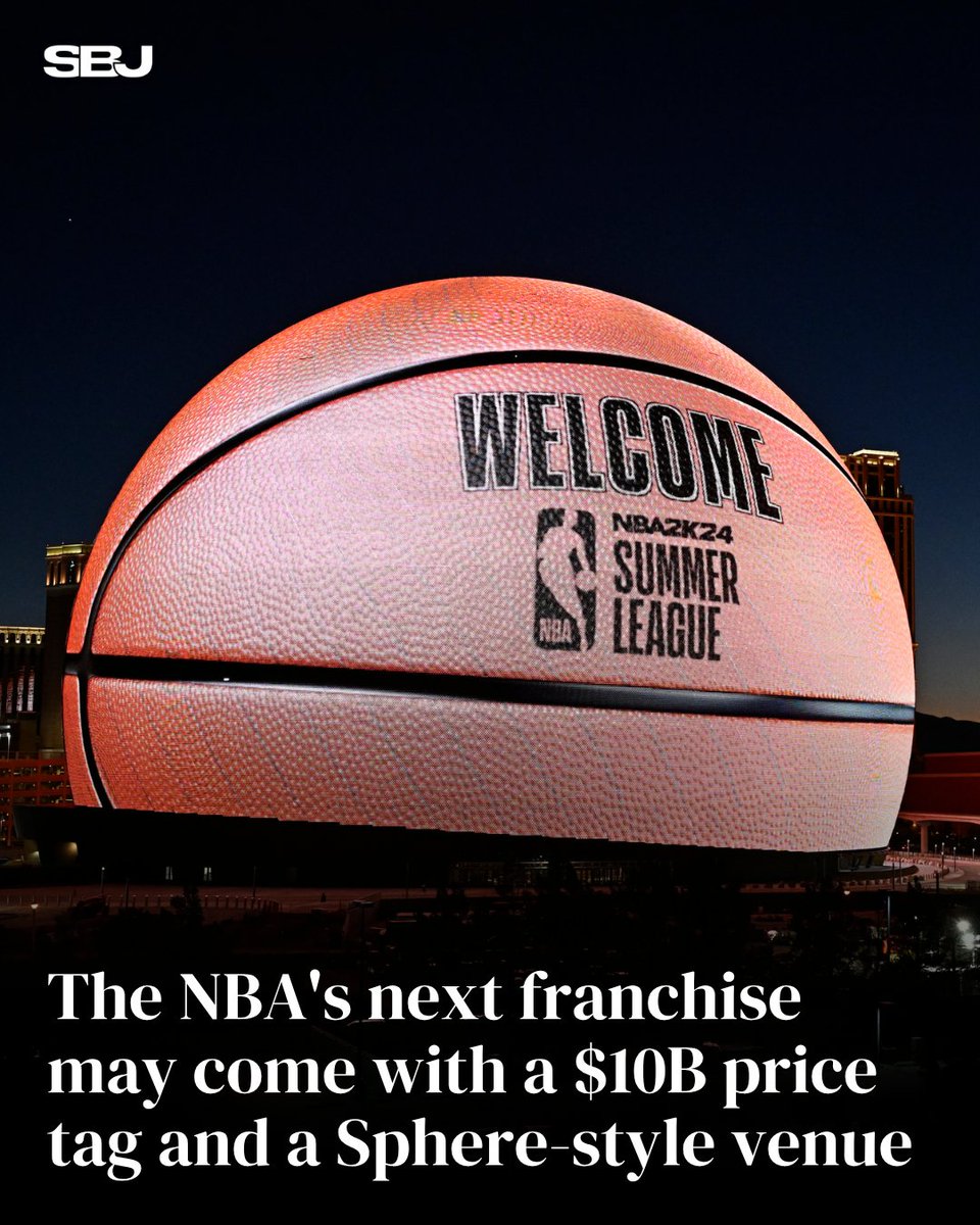 SBJ's tweet photo. NBA expansion discussions this week centered heavily on Las Vegas, where potential ownership groups are pitching everything from a renovated T-Mobile Arena to a new technology-driven venue that could rival the Sphere.

 Expansion decisions are expected by year-end.

MORE: https://t.co/jzXuouURk6