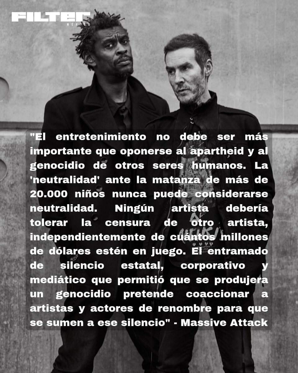 FILTERMexico's tweet photo. Massive Attack compartió un comunicado abordando la neutralidad que mostró Ed Sheeran ante el apoyo de Macklemore a Palestina, esto luego de que los promotores de su gira decidieran retirarlo por decisión y presión de empresarios como Robert Kraft. 🇵🇸 https://t.co/9qLZw5TCdl
