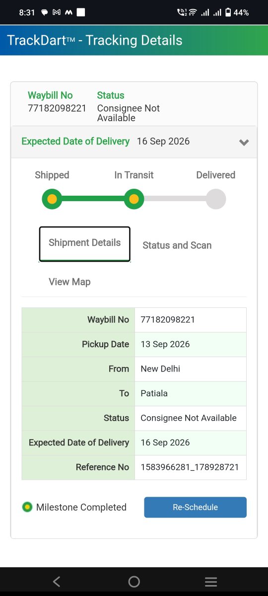 jatinderskamboj's tweet photo. Expected delivery: 15 9 26.
No delivery attempt. No call. No message. And the tracking status says “Consignee Not Available”
How can a consignee be “not available” when nobody even contacted or visited us?
Please explain and arrange delivery of  77182098221 to Pta @BlueDartCares https://t.co/hbsdTvel1Z