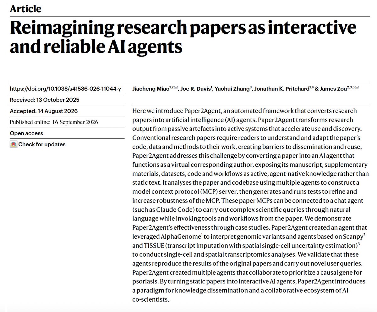 EricTopol's tweet photo. When your research paper can talk to you and interact with other research papers....
Reimagining science publishing and knowledge dissemination with Paper2Agent 
https://t.co/zASfwhrdb6
@nature @james_y_zou @Jiacheng_Miao