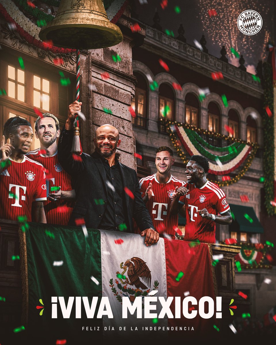 FCBayernES's tweet photo. ¡Que el “¡Viva México!” 🇲🇽 se escuche desde CDMX hasta Múnich! ❤️🤍

¡Felicidades a todos nuestro amigos mexicanos en su día! 🇲🇽🎉 https://t.co/bOJxV69vSt