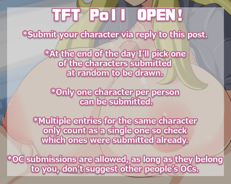 1Jcdr's tweet photo. People get angry, don't stay angry. Watch boobs instead

🍈TFT is a weekly raffle where I draw a character giving a titfuck, then the day after I draw that character with a lactation alt, make sure you're ok with the character you submit being in that situation before submitting! https://t.co/PtEtzC5FFR